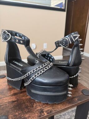 LAMODA Black Platform Mary Janes with Chain & Spike Accents